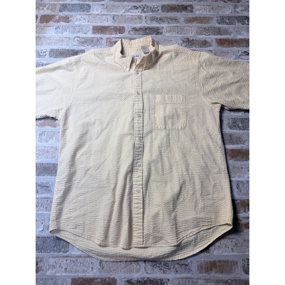 IZOD Mens Large Yellow White Seersucker Short Sleeve Button Down Gingham Shirt
